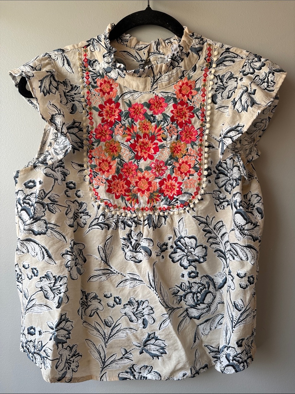 THML Cream Floral Top with Navy Print and Coral Red Embroidery Medium